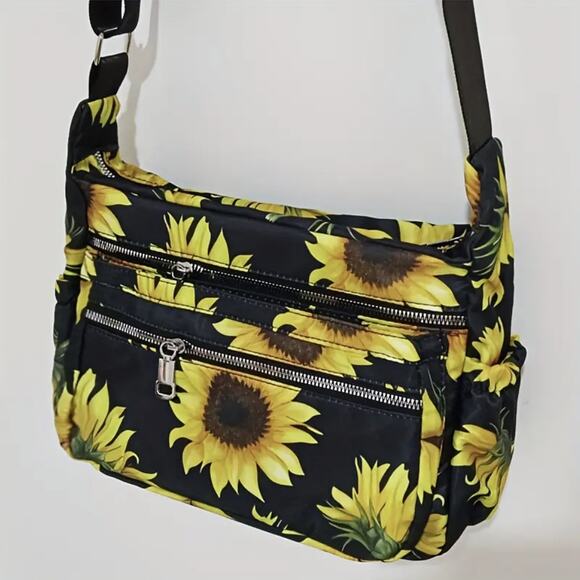 Sunflower Crossbody Bag Black Floral Purse, Multi Pockets, Adjustable Strap, NWT - Picture 5 of 8